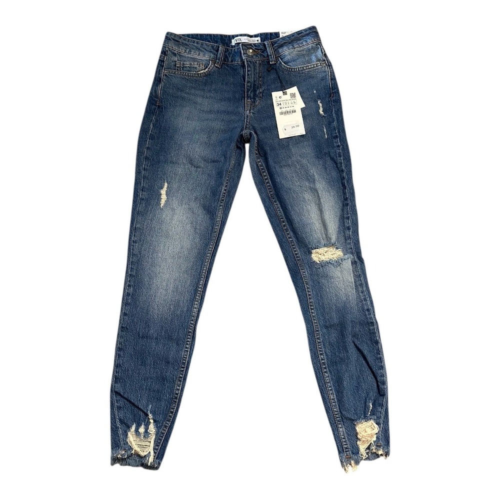 ZARA Distressed Mid Rise Skinny Jeans Denim Blue Frayed Hem Women's Size 2 NWT‎